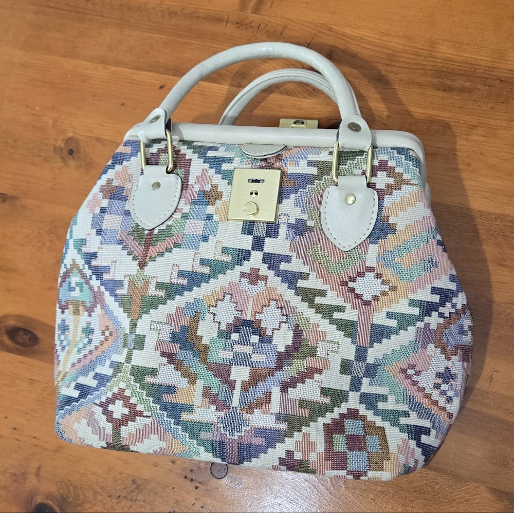 Grandmacore Aztec Tapestry Satchel Shoulder Bag Handbag Lock And Key Vintage
